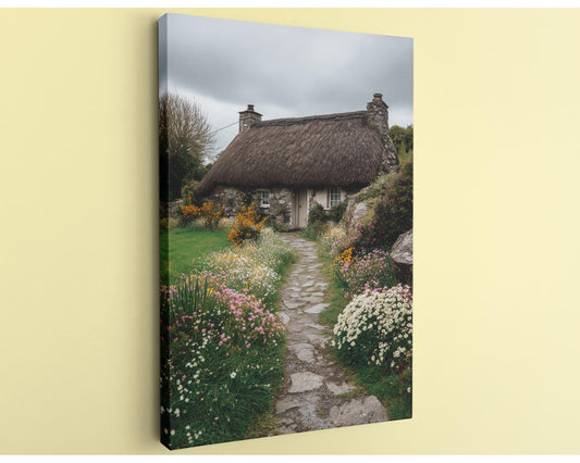 A quaint thatched-roof cottage nestled amidst a vibrant garden, with a stone path leading up to the entrance.