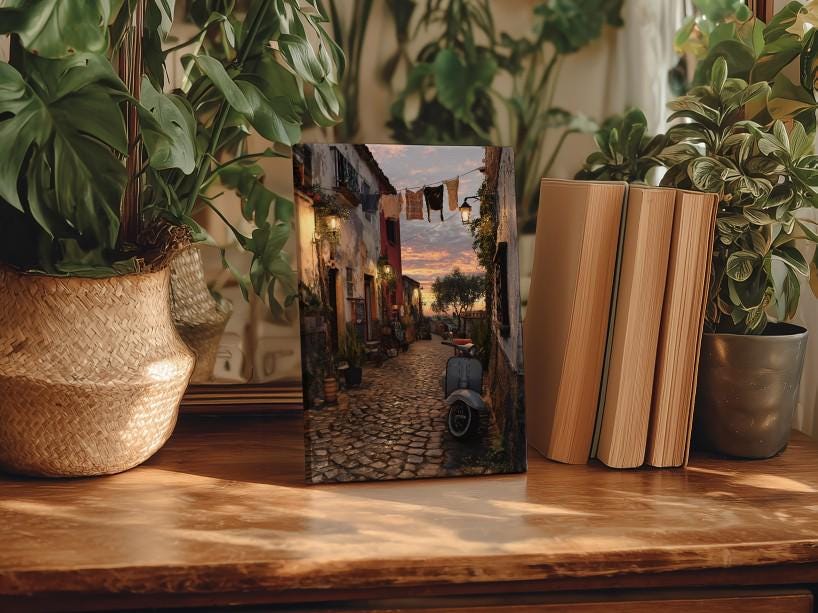 a wooden table with a framed photograph of a cobblestone street in a village, surrounded by potted plants and books.