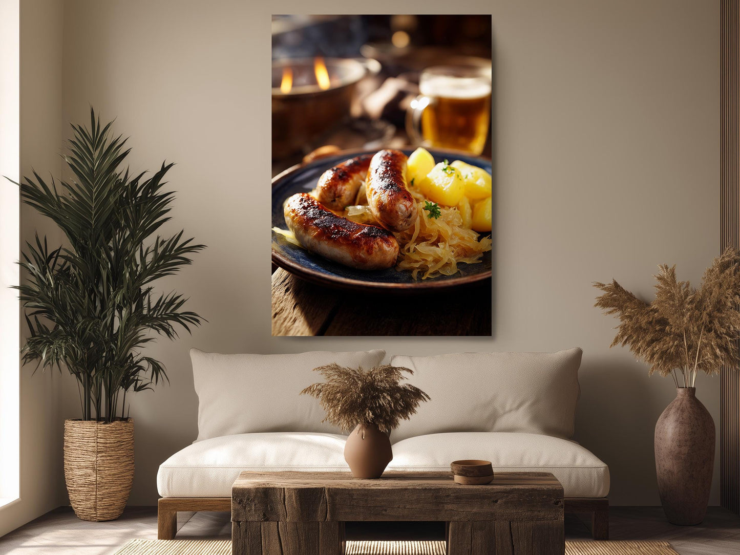 a cozy living room with a large, appetizing plate of sausages and sauerkraut on a wooden table, accompanied by a glass of beer. The room is decorated with potted plants and a wooden coffee table, creating a warm and inviting atmosphere.