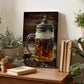 a wooden desk with a framed photograph of a glass mug filled with beer, surrounded by various potted plants and books.