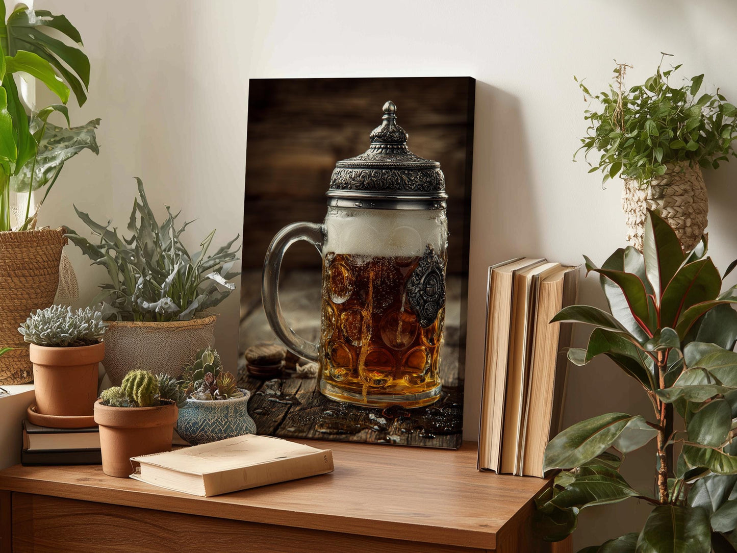 a wooden desk with a framed photograph of a glass mug filled with beer, surrounded by various potted plants and books.