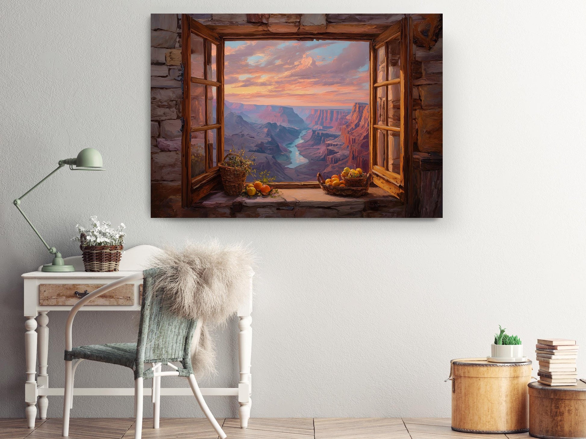 a cozy room with a large window that offers a breathtaking view of a mountainous landscape at sunset. The window frame is adorned with a basket of fruit, adding a touch of color and life to the scene. The room is furnished with a desk, a chair, and a lamp, creating a comfortable and inviting atmosphere. The overall setting is warm and inviting, with the natural beauty of the landscape outside the window providing a serene backdrop.
