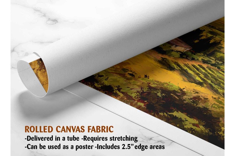 The image is a rolled canvas fabric, which is a type of canvas material used for painting or printing. It is described as a tube-delivered canvas fabric, which means it is delivered in a tube and requires stretching before use. It can be used as a poster with a 2.5&quot; edge area.