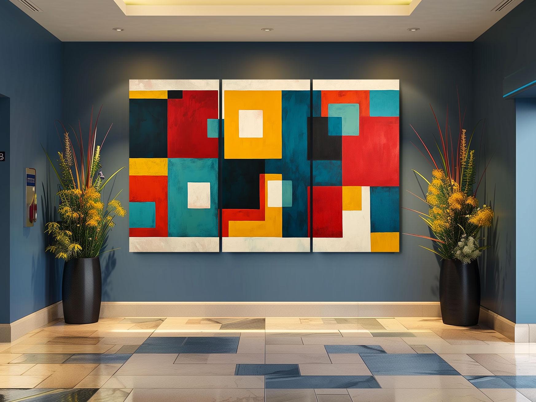 a room with two large paintings on the wall