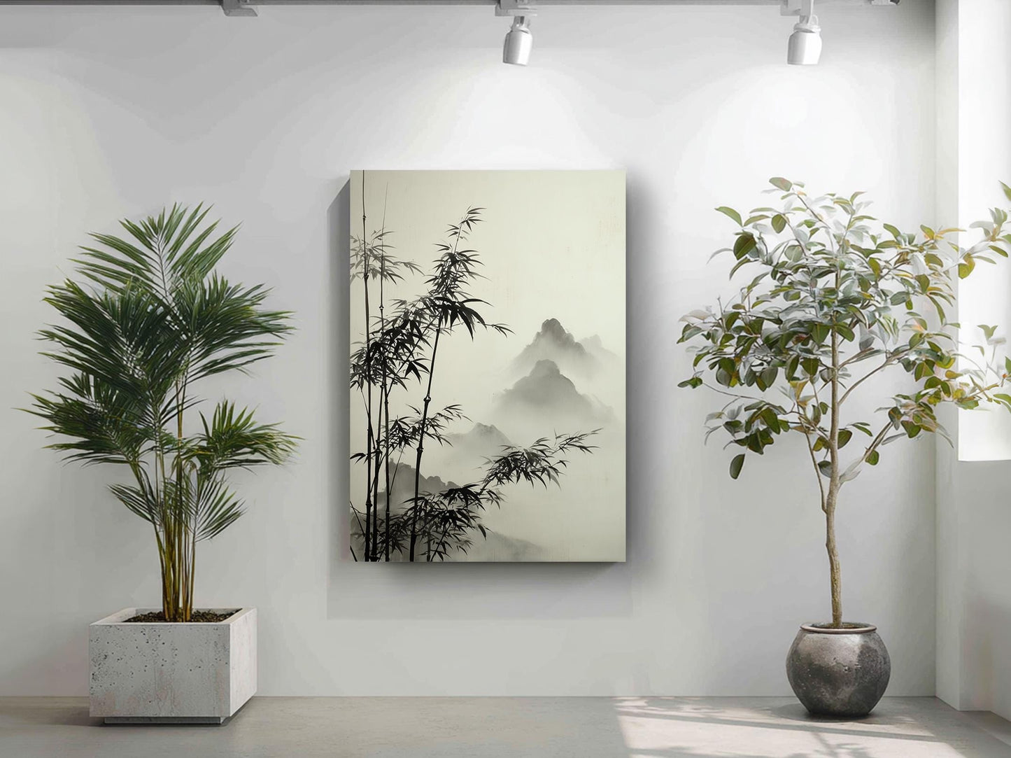 a minimalist indoor setting with a large painting of bamboo and mountains hanging on the wall, flanked by two potted plants.