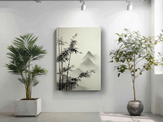 a minimalist indoor setting with a large painting of bamboo and mountains hanging on the wall, flanked by two potted plants.