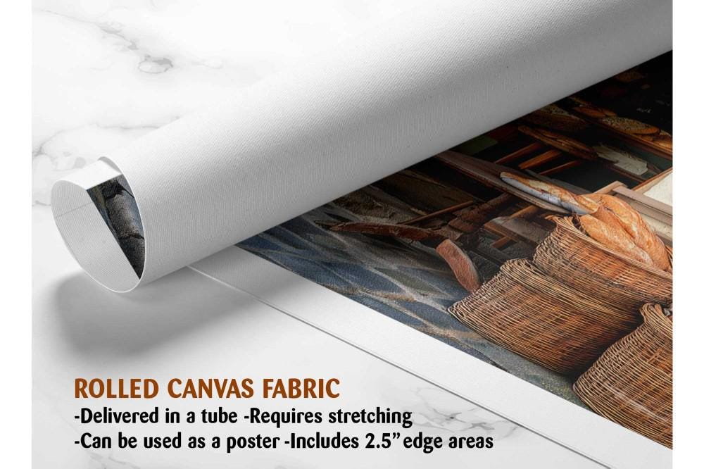 The image is a rolled canvas fabric, which is a type of canvas material used for painting or printing. It is described as a tube-delivered fabric, which means it is delivered in a tube and requires stretching before use. The fabric can be used as a poster, with a 2.5&quot; edge area.