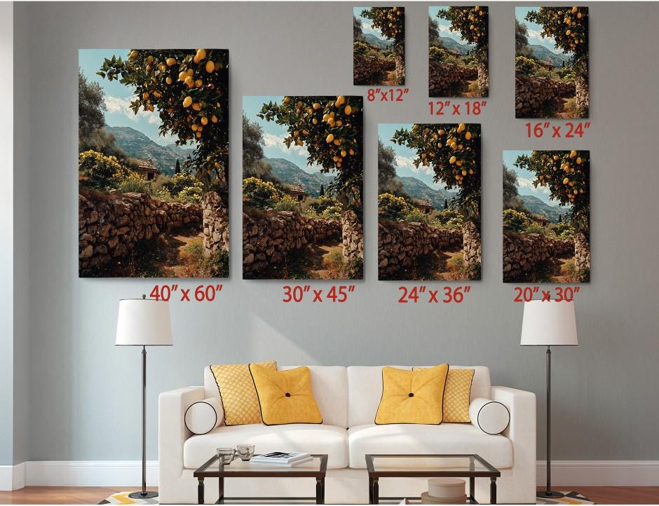 The image is a living room with a white sofa and a coffee table. Above the sofa, there are six identical paintings of a tree with oranges hanging from it, each with a different size and orientation. The paintings are arranged in a grid-like pattern on the wall, with each one having a specific size and position.