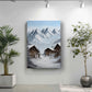 a painting of a snowy mountain village with two houses, one on each side of the mountain, surrounded by snow-covered trees. The painting is hung on a white wall, and there are two potted plants in the foreground, one on the left and one on the right.