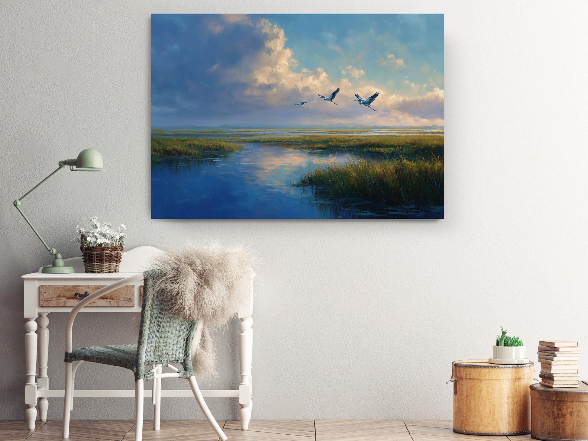 a serene scene of a lake with a flock of birds flying over it, set against a backdrop of a cloudy sky.