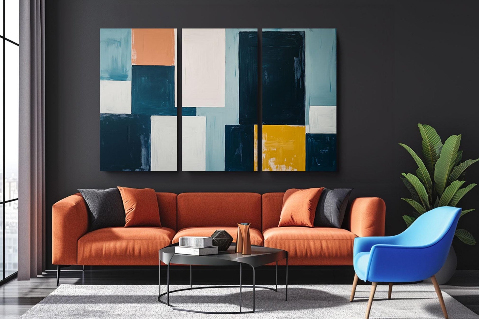 a living room filled with furniture and a painting on the wall