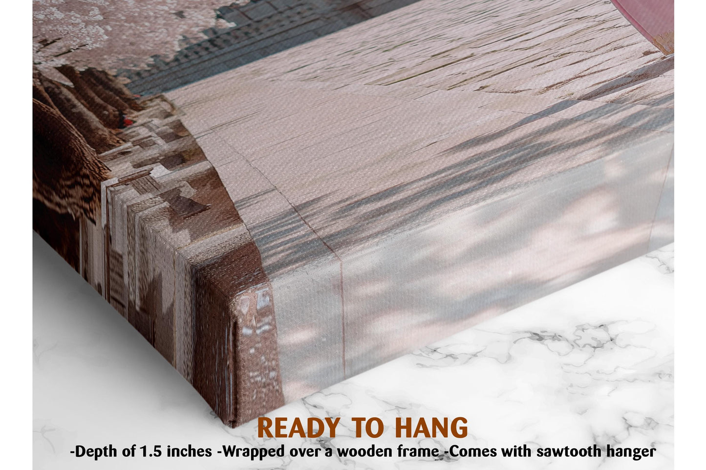 The image is a close-up of a wooden frame with a printed image on it, and it is described as a ready-to-hang canvas.