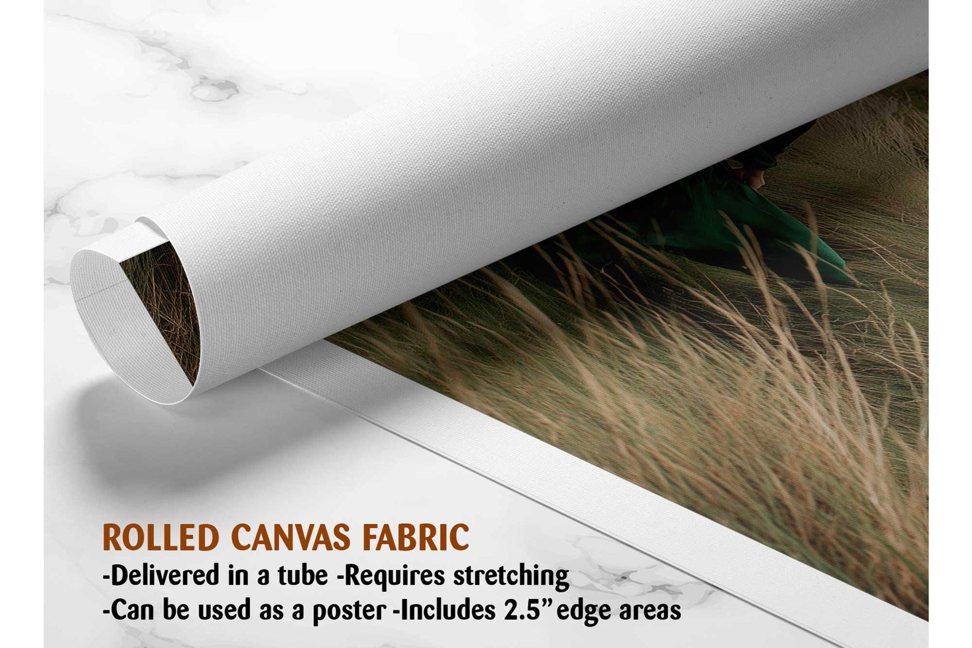 The image is a rolled canvas fabric, which is a type of canvas material used for printing photographs or artwork. It is described as a tube-delivered canvas fabric, which means it is printed in a tube and requires stretching before use. It can be used as a poster with a 2.5&quot; edge area.