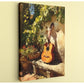 a guitar leaning against a stone wall, surrounded by lush greenery and vibrant flowers.