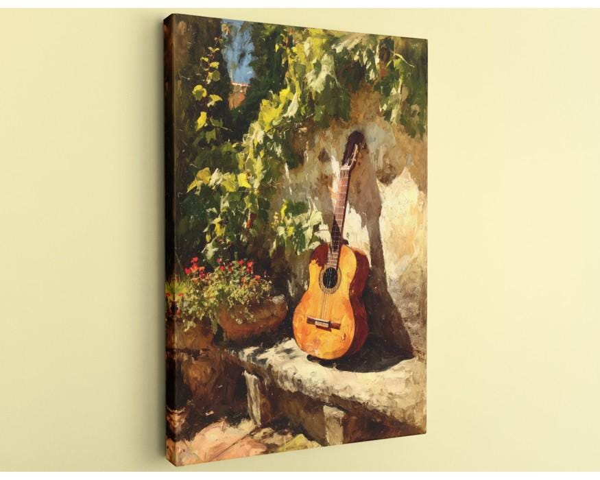 a guitar leaning against a stone wall, surrounded by lush greenery and vibrant flowers.