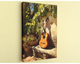 a guitar leaning against a stone wall, surrounded by lush greenery and vibrant flowers.
