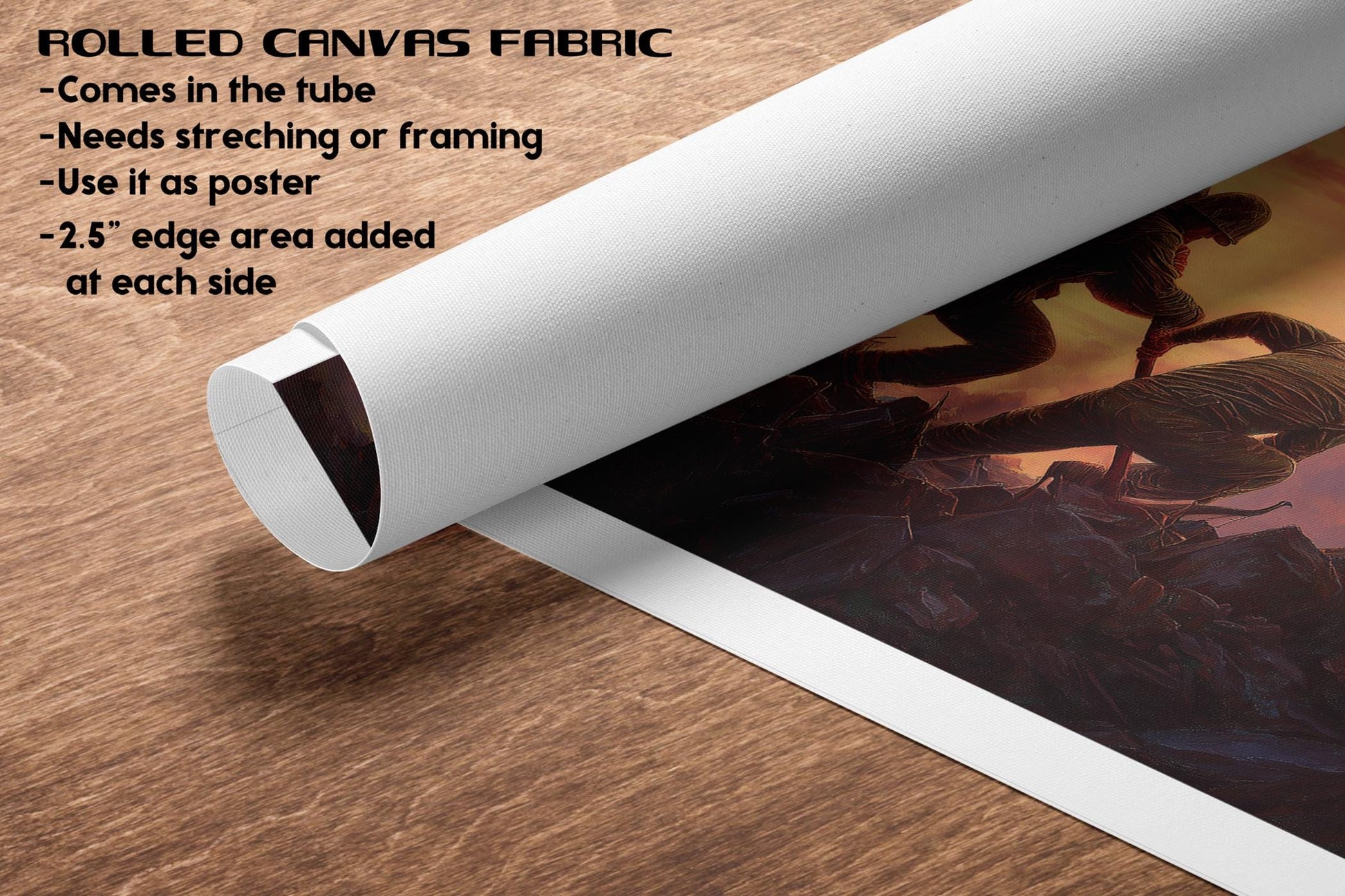 The image is a rolled canvas fabric with a painting of a person on it. The fabric has text that provides information about the canvas, such as its use as a poster and the added edge area.