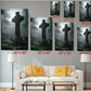 The image is a living room with a white sofa and a coffee table. Above the sofa, there are seven framed photographs of crosses in various sizes, arranged in a grid-like pattern. The photographs depict the crosses in different settings, such as a cemetery or a foggy landscape. The sizes of the photographs are indicated by the text &quot;40 x 60&quot;, &quot;30 x 45&quot;, &quot;24 x 36&quot;, &quot;20 x 30&quot;, &quot;12 x 18&quot;, &quot;8 x 12&quot;, and &quot;6 x 24&quot; next to each photograph.