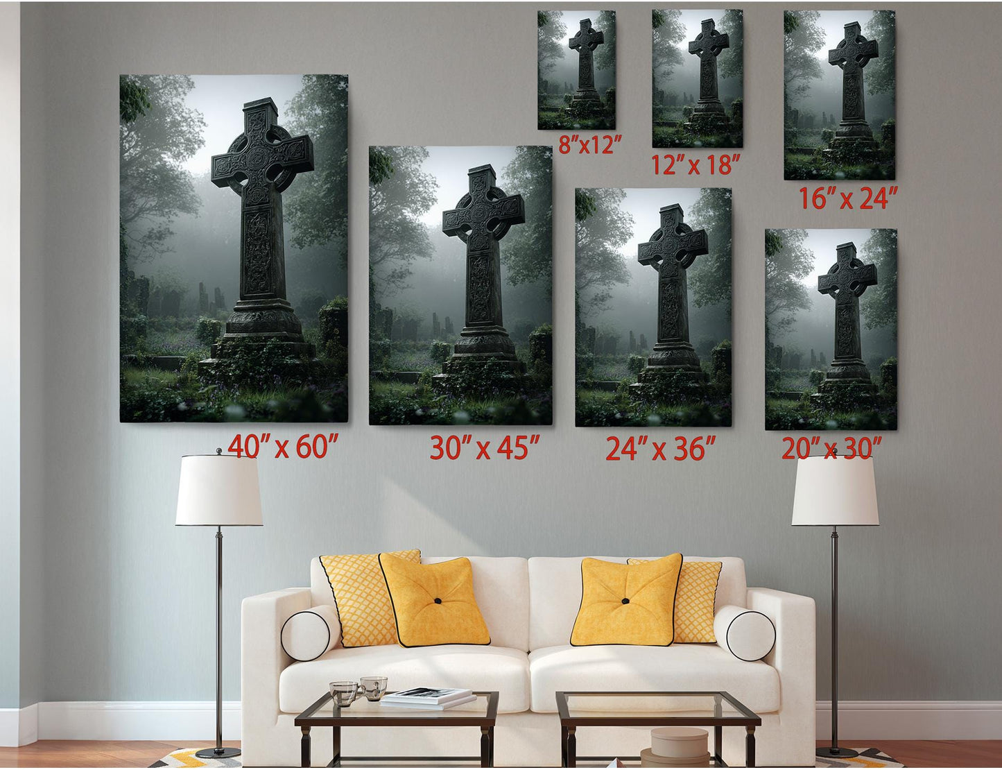 The image is a living room with a white sofa and a coffee table. Above the sofa, there are seven framed photographs of crosses in various sizes, arranged in a grid-like pattern. The photographs depict the crosses in different settings, such as a cemetery or a foggy landscape. The sizes of the photographs are indicated by the text &quot;40 x 60&quot;, &quot;30 x 45&quot;, &quot;24 x 36&quot;, &quot;20 x 30&quot;, &quot;12 x 18&quot;, &quot;8 x 12&quot;, and &quot;6 x 24&quot; next to each photograph.