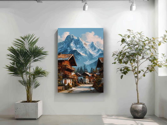 a large painting of a mountain village with a road leading through it, surrounded by lush greenery and potted plants.