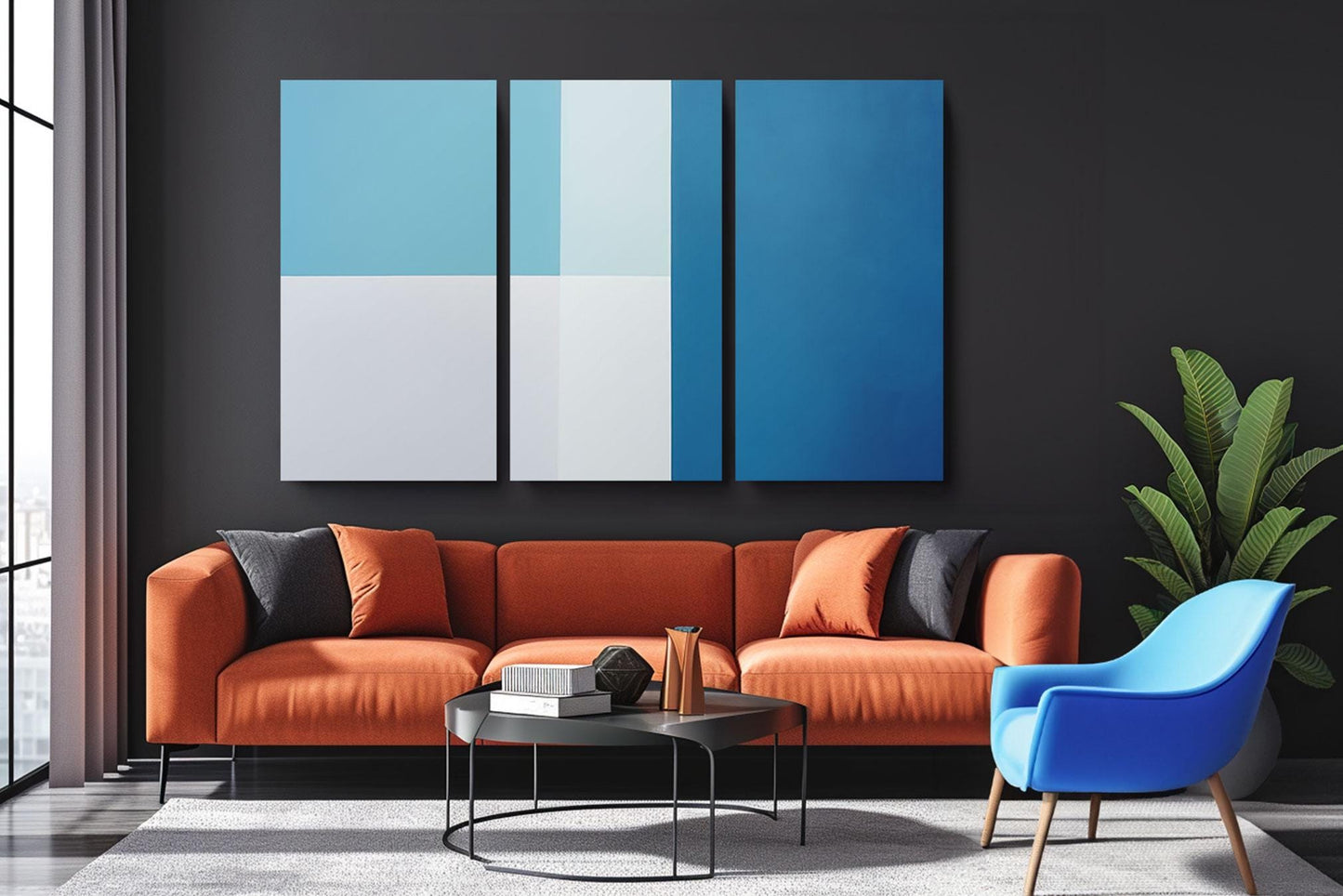 a living room with a couch and two chairs