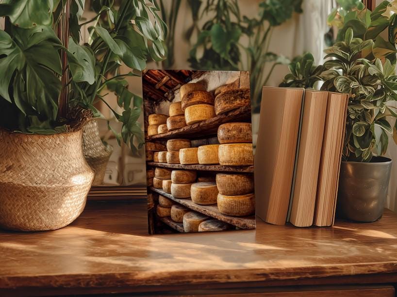 a wooden table with a framed photograph of a cheese rack, surrounded by potted plants and books.