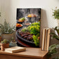 a wooden table with a framed photograph of a grill with meat and vegetables on it, surrounded by potted plants and books.