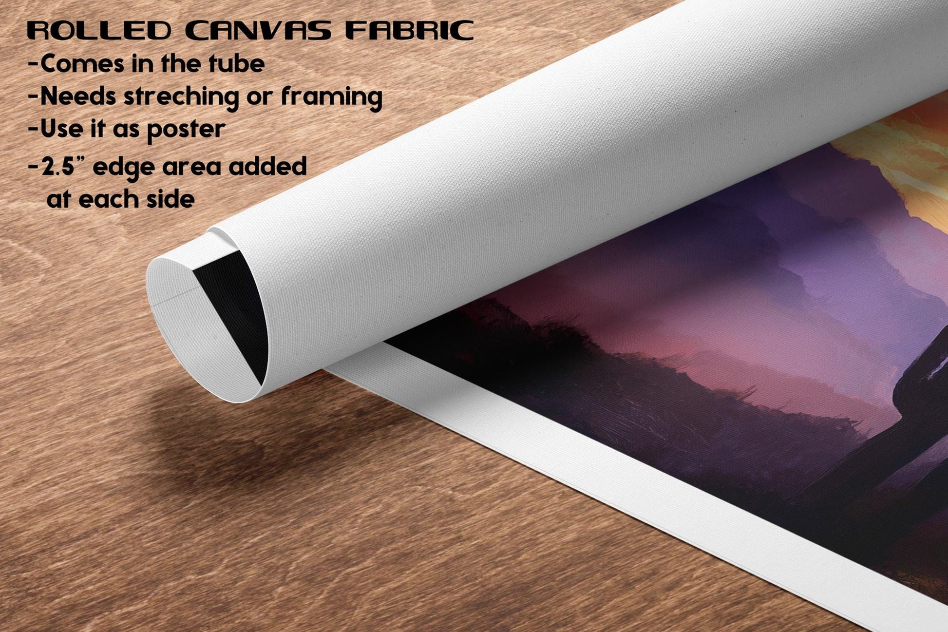 The image is a rolled canvas fabric with a printed landscape scene on it, placed on a wooden surface.