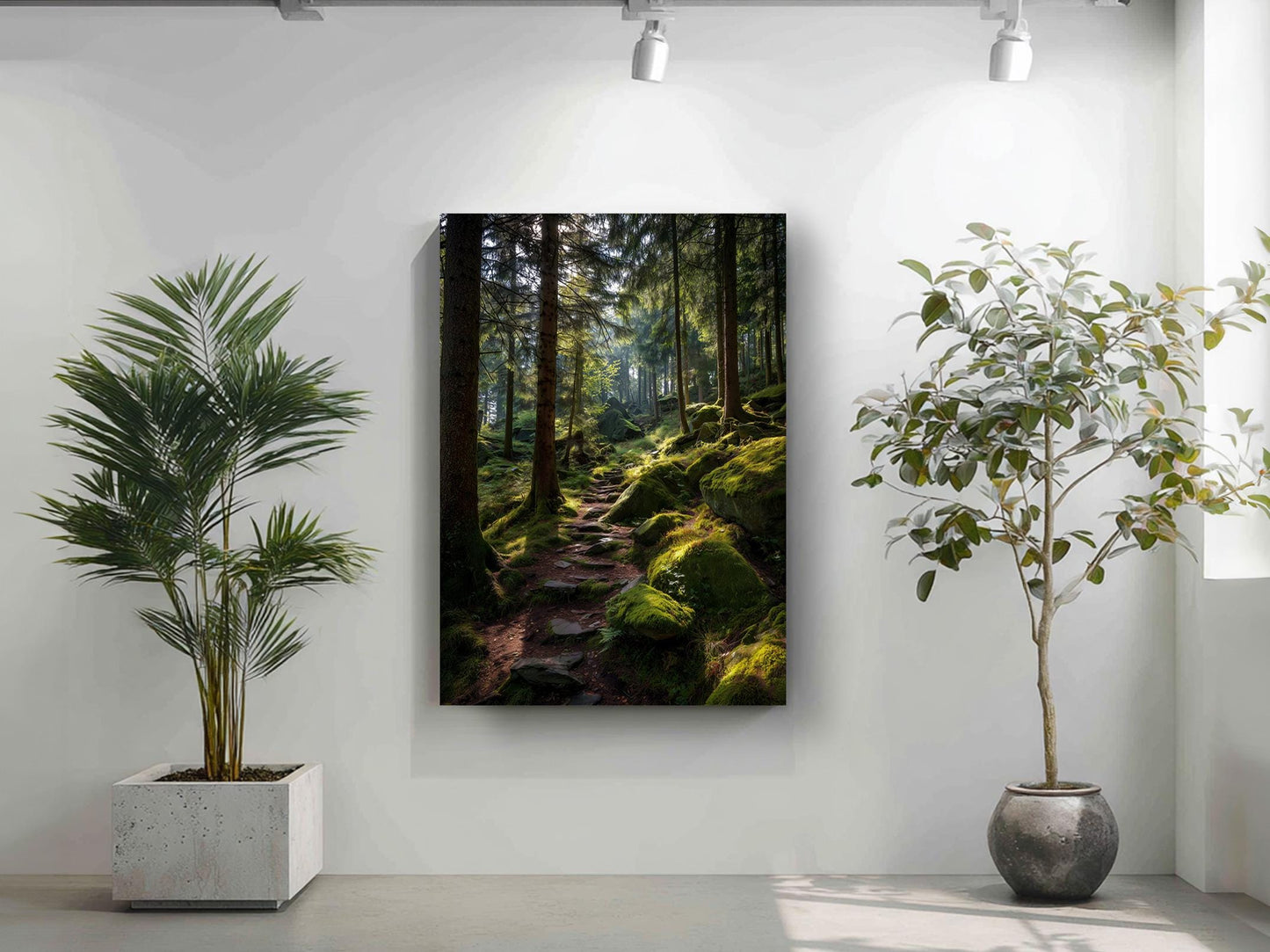 a serene forest scene with a winding path covered in moss, surrounded by lush greenery and towering trees.