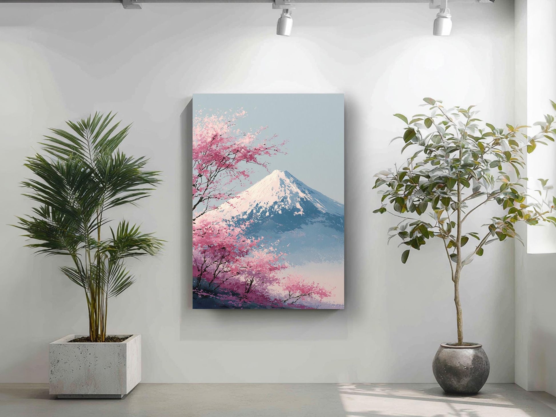 a serene indoor setting with a large potted plant on the left side and a framed painting of a mountain with pink flowers on the right side. The painting is hung on a white wall, and the potted plant is placed on a white floor.