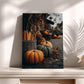 a collection of autumn-themed items, including pumpkins, gourds, and a basket of corn, arranged on a shelf or table.