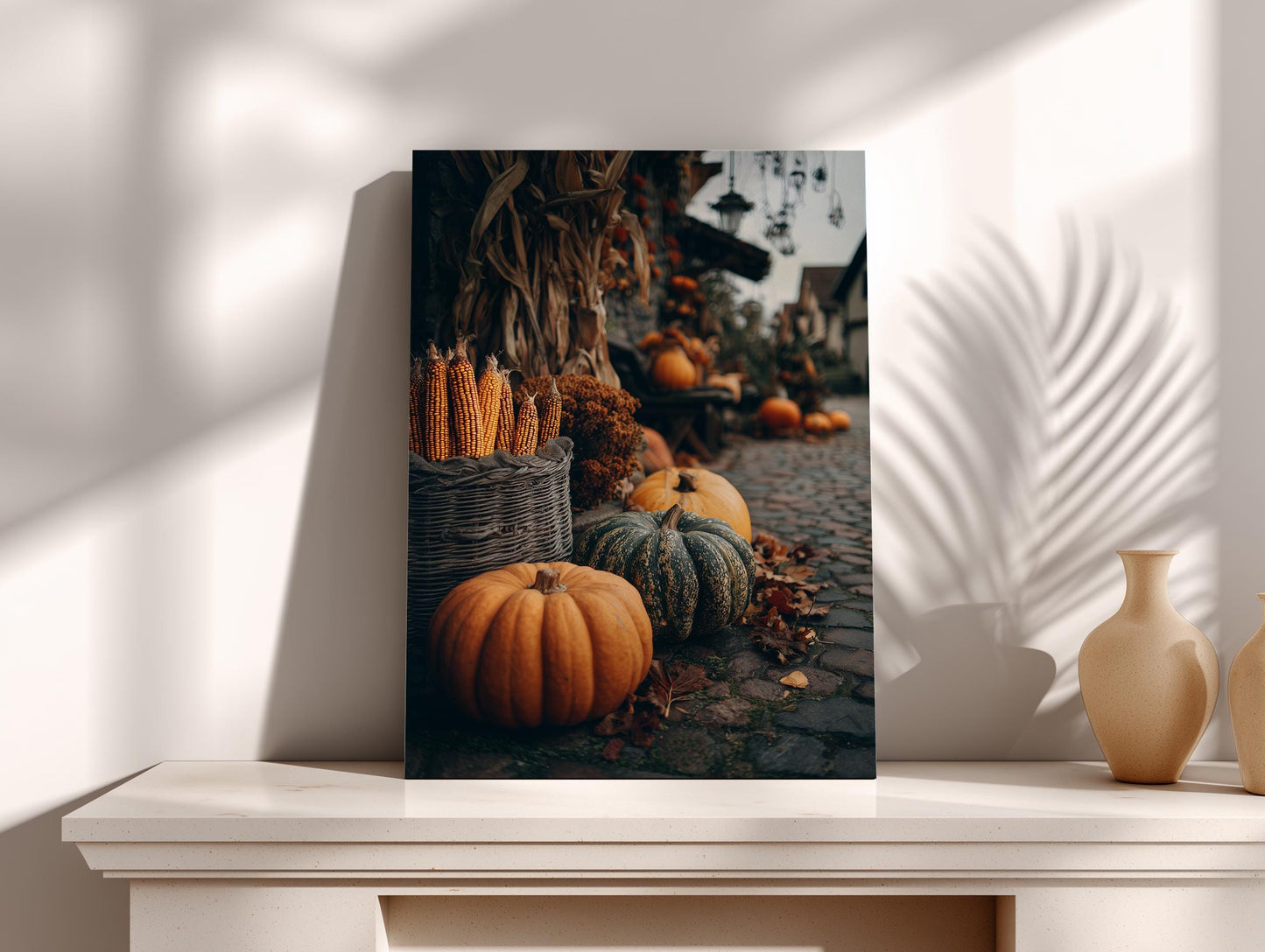 a collection of autumn-themed items, including pumpkins, gourds, and a basket of corn, arranged on a shelf or table.