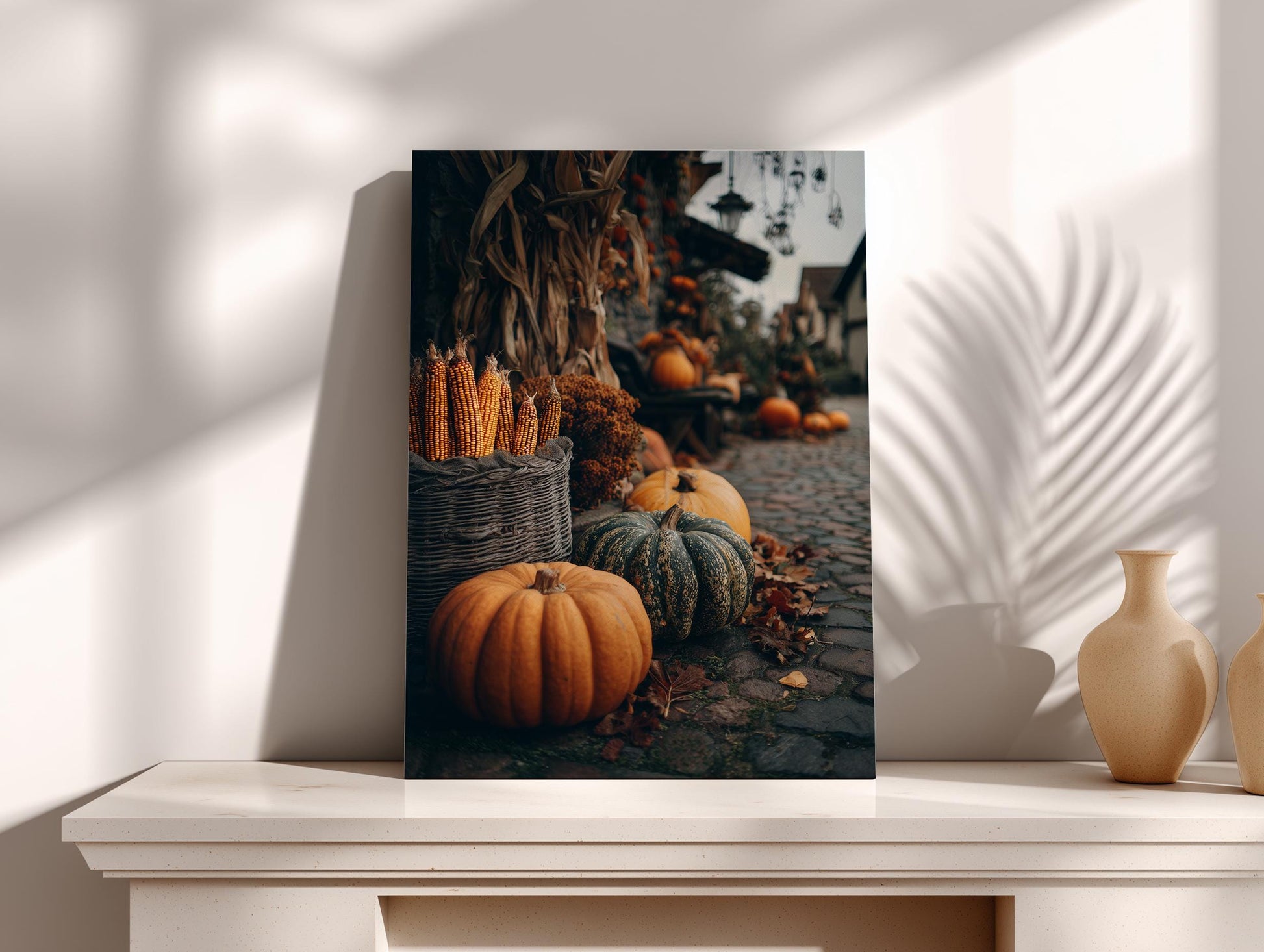 a collection of autumn-themed items, including pumpkins, gourds, and a basket of corn, arranged on a shelf or table.