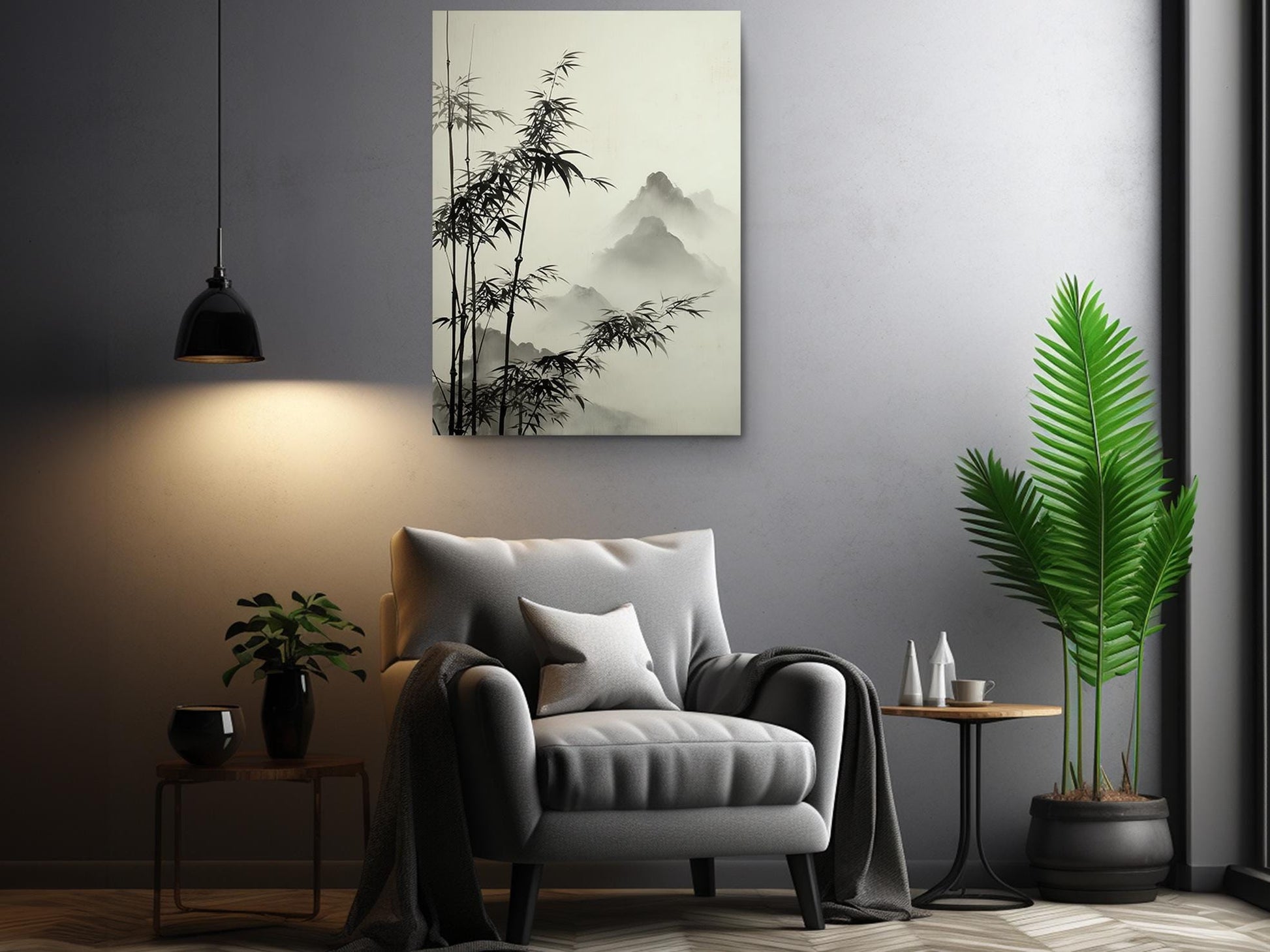 a modern living room with a gray armchair, a potted plant, and a framed artwork of bamboo and mountains on the wall.