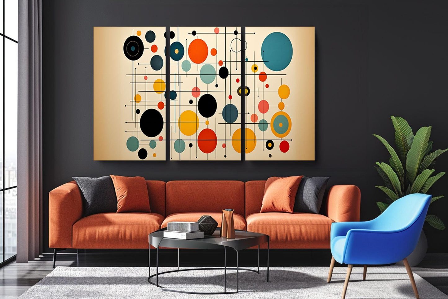 a living room with a large painting on the wall