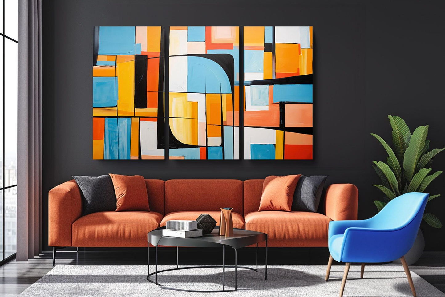 a living room with a large painting on the wall