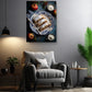 a cozy living room with a comfortable gray armchair, a wooden side table, and a potted plant. Above the armchair, there is a framed photograph of a plate of food, including a pastry and a fruit, creating a warm and inviting atmosphere.