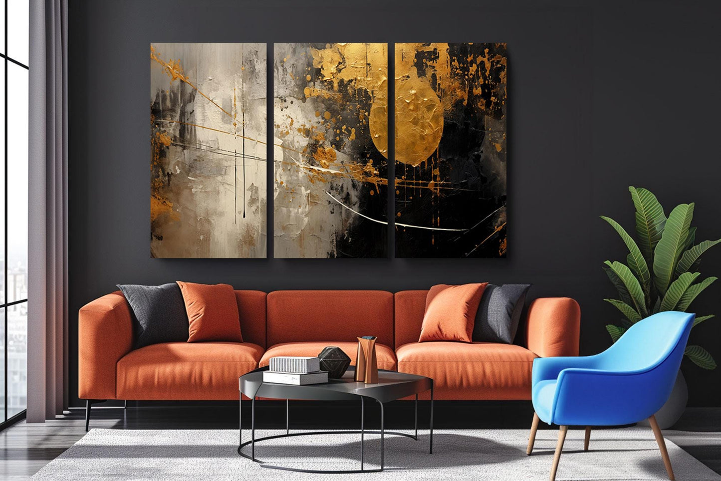 a living room with a couch and two paintings on the wall