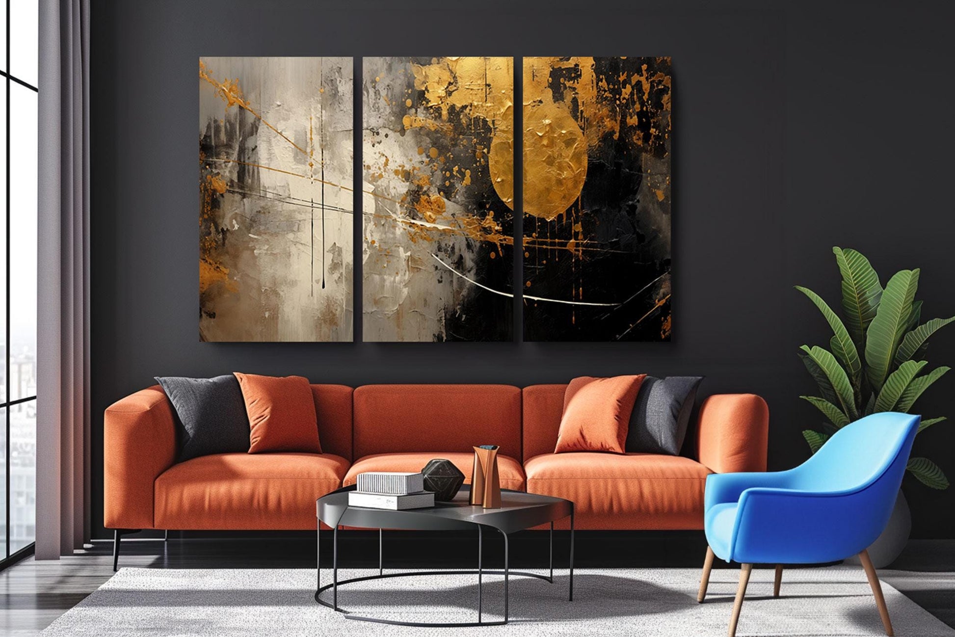 a living room with a couch and two paintings on the wall