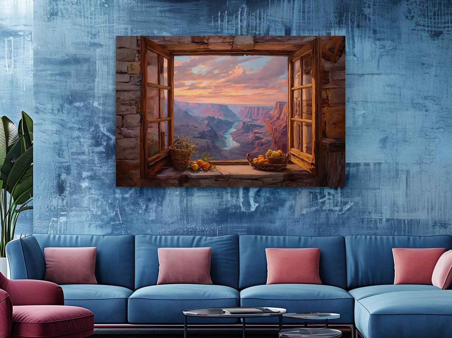 a large painting of a scenic mountain view through an open window, with a basket of fruit and a plant on the windowsill. The painting is hung on a blue wall above a blue couch with pink throw pillows.
