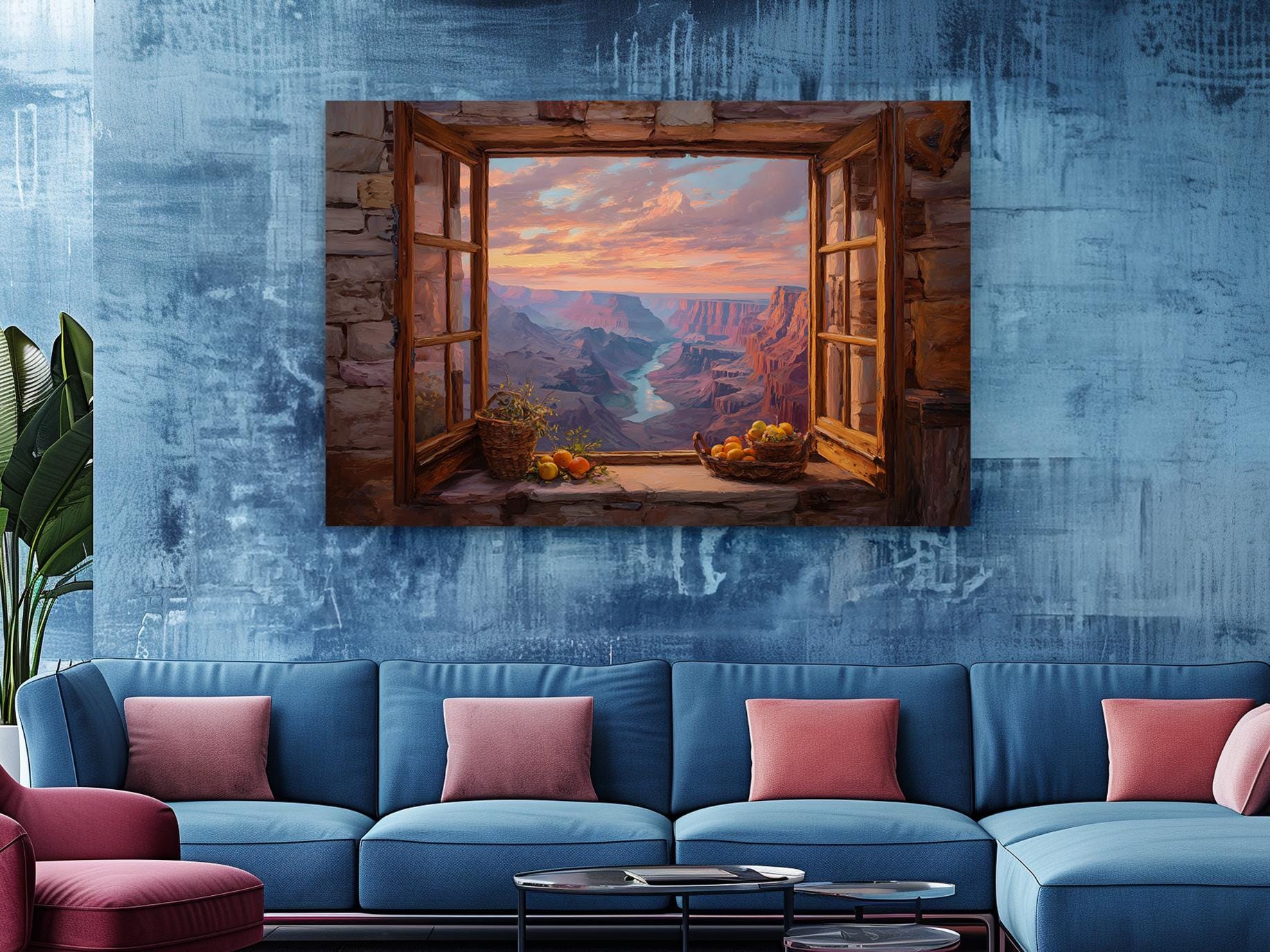 a large painting of a scenic mountain view through an open window, with a basket of fruit and a plant on the windowsill. The painting is hung on a blue wall above a blue couch with pink throw pillows.