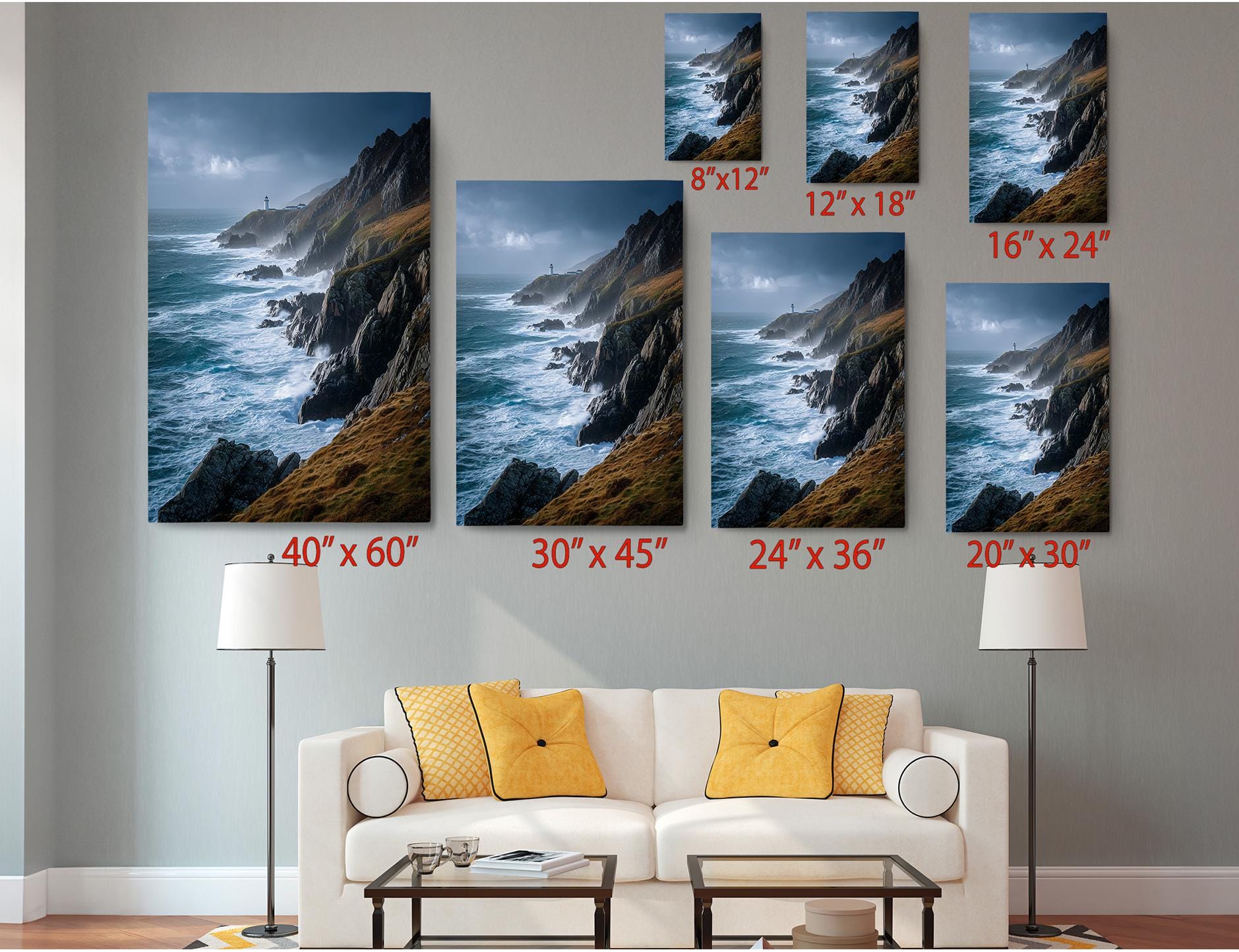 The image is a living room with a white sofa and a coffee table. Above the sofa, there are six framed pictures of ocean landscapes, each with a different size and resolution, ranging from 8 x 12 to 20 x 30 inches. The pictures are arranged in a grid-like pattern on the wall, creating a visually appealing display.