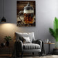 a cozy living room with a comfortable gray armchair, a wooden side table, and a potted plant. Above the armchair, there is a framed photograph of a glass mug filled with beer, creating a warm and inviting atmosphere.