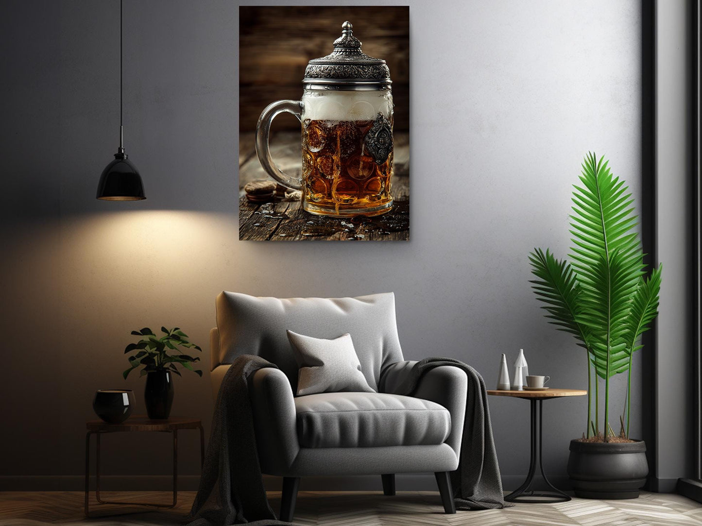 a cozy living room with a comfortable gray armchair, a wooden side table, and a potted plant. Above the armchair, there is a framed photograph of a glass mug filled with beer, creating a warm and inviting atmosphere.