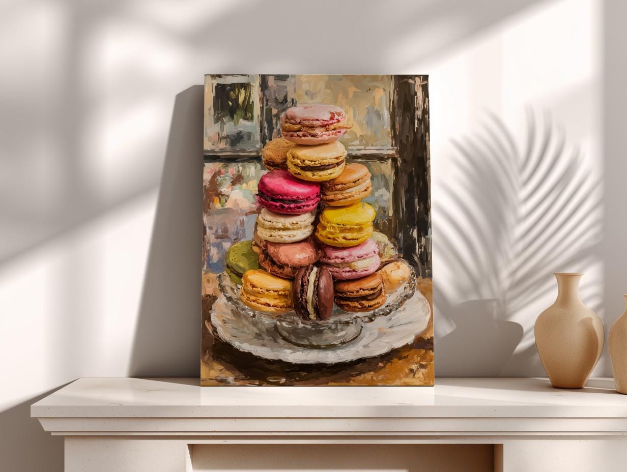 a painting of a plate filled with an assortment of colorful macarons.