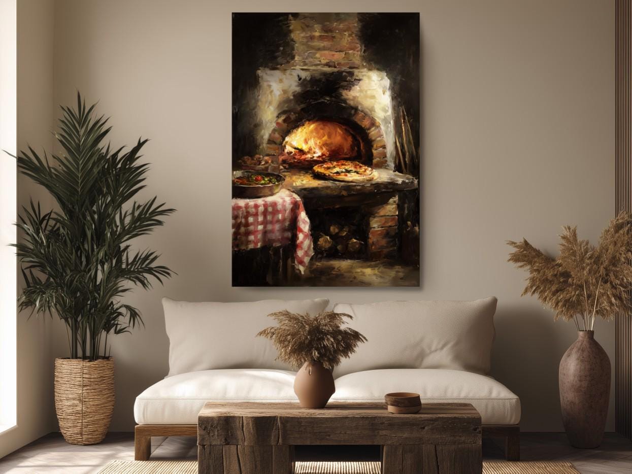a cozy living room with a large painting of a pizza oven on the wall, a wooden coffee table in the center, and a comfortable couch.