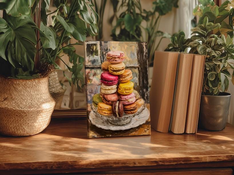 a wooden table with a framed painting of colorful macarons, surrounded by potted plants and books.