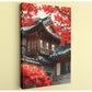 a traditional Korean house with a red roof and red leaves on the trees, creating a vibrant and colorful scene.