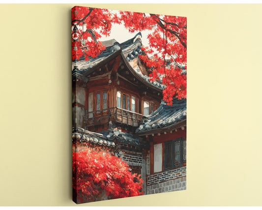 a traditional Korean house with a red roof and red leaves on the trees, creating a vibrant and colorful scene.