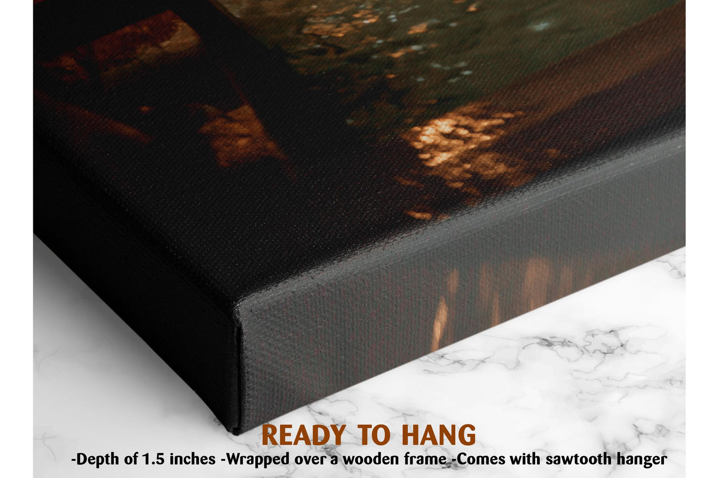 The image is a close-up of a black canvas print with a wooden frame, and it is described as a ready-to-hang print with a depth of 1.5 inches.
